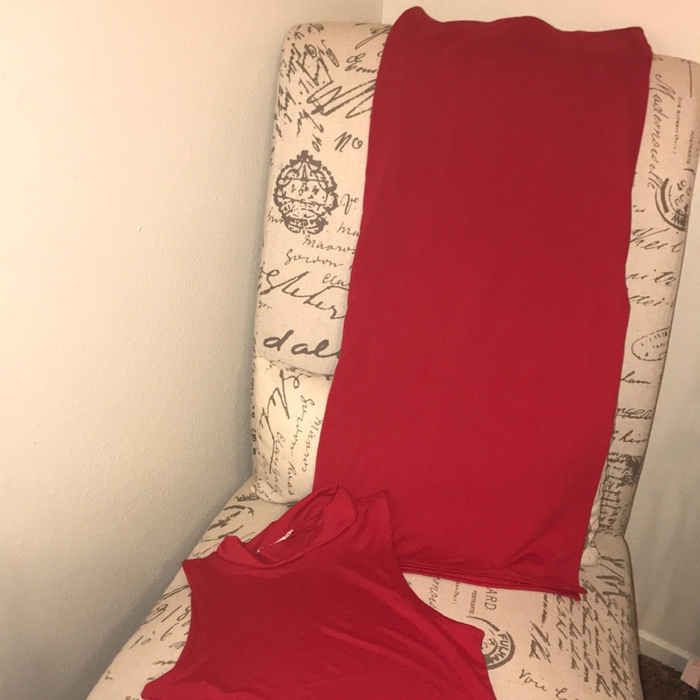 Red Mock Neck Crop Top Midi Slit Skirt Set
